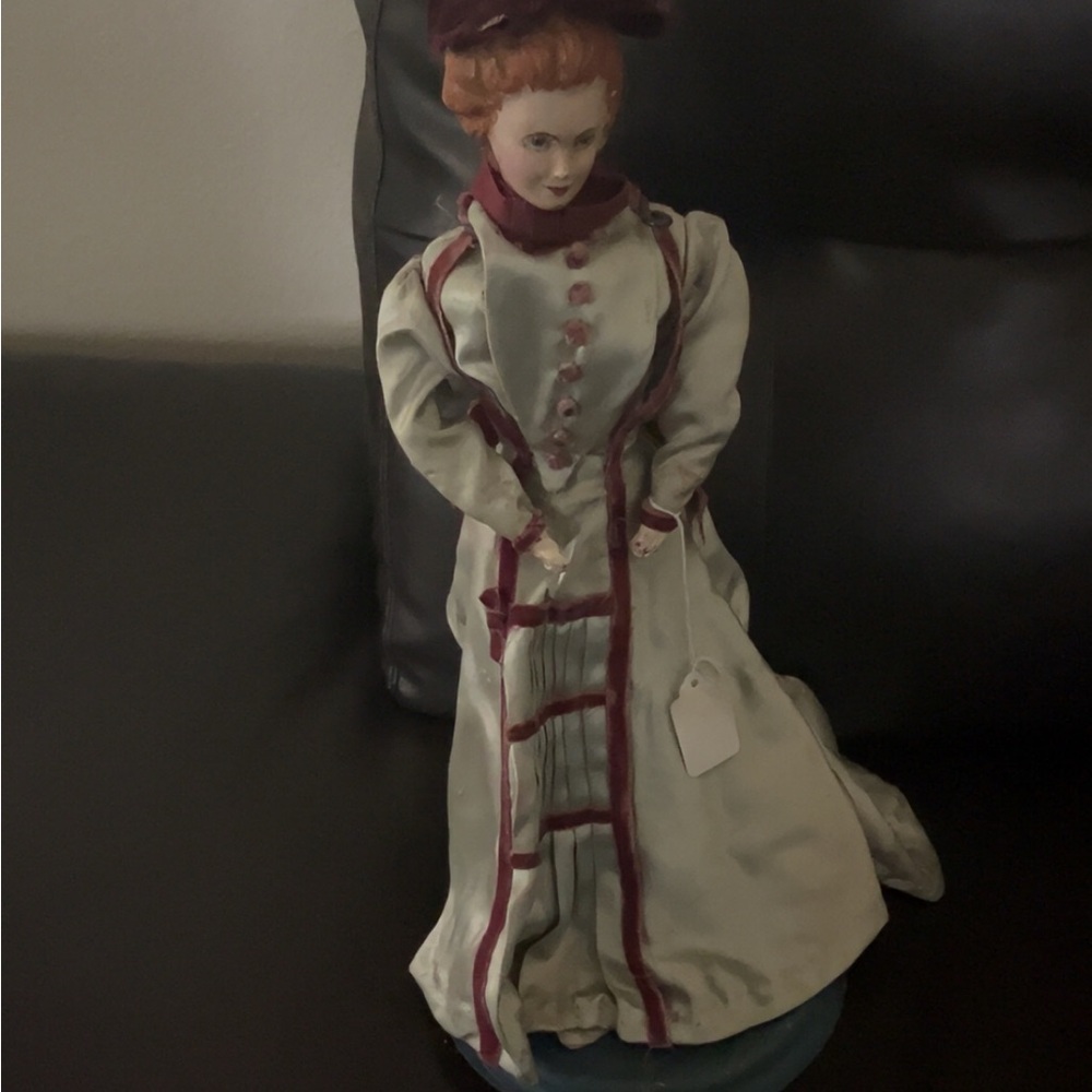 Vintage-Inspired Doll with Burgundy and Cream Dress